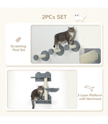 Cat Shelf with Scratching Post, Wall-Mounted Cat Tree for Indoor Cat - Grey