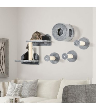 5Pcs Cat Wall Furniture with Perch, Cat Condo, Scratching Post - Grey