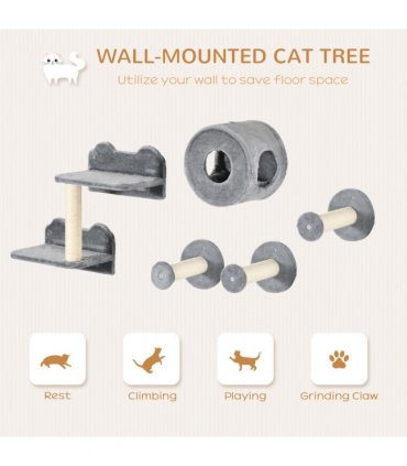 5Pcs Cat Wall Furniture with Perch, Cat Condo, Scratching Post - Grey
