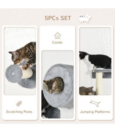5Pcs Cat Wall Furniture with Perch, Cat Condo, Scratching Post - Grey