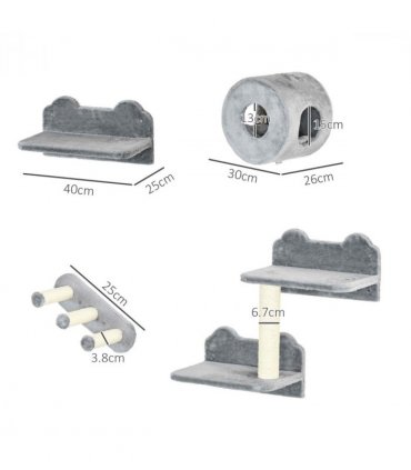 Cat Tree - Four-Piece Wall with Platforms, Steps, Perch, Cat House - Grey