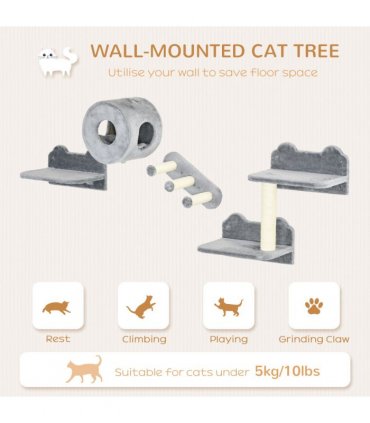 Cat Tree - Four-Piece Wall with Platforms, Steps, Perch, Cat House - Grey