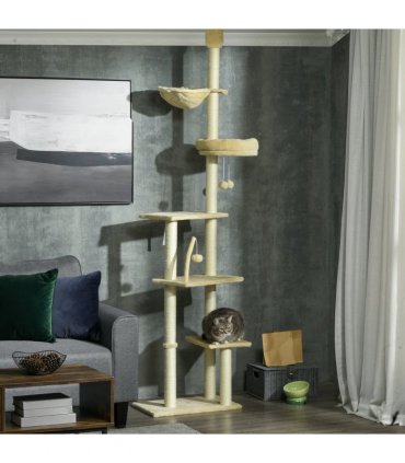 Cat Tree 6-Tier Floor to Ceiling with Scratching Post, Bed, Hammock - Beige