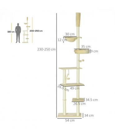 Cat Tree 6-Tier Floor to Ceiling with Scratching Post, Bed, Hammock - Beige