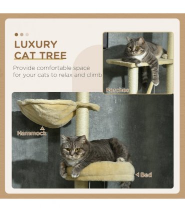 Cat Tree 6-Tier Floor to Ceiling with Scratching Post, Bed, Hammock - Beige