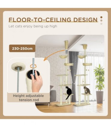 Cat Tree 6-Tier Floor to Ceiling with Scratching Post, Bed, Hammock - Beige