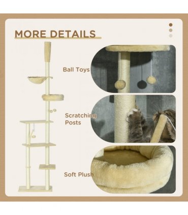 Cat Tree 6-Tier Floor to Ceiling with Scratching Post, Bed, Hammock - Beige