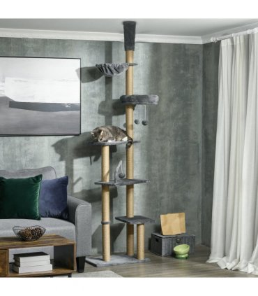 6-Tier Floor to Ceiling Cat Tree with Scratching Post, Bed, Hammock, Grey