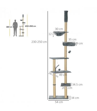 6-Tier Floor to Ceiling Cat Tree with Scratching Post, Bed, Hammock, Grey