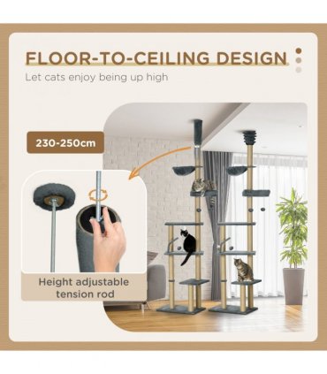 6-Tier Floor to Ceiling Cat Tree with Scratching Post, Bed, Hammock, Grey