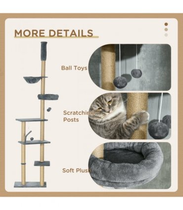 6-Tier Floor to Ceiling Cat Tree with Scratching Post, Bed, Hammock, Grey
