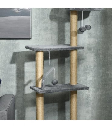 6-Tier Floor to Ceiling Cat Tree with Scratching Post, Bed, Hammock, Grey
