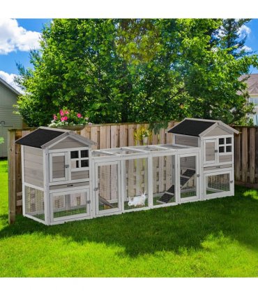 2-In-1 Wooden Rabbit Hutch w/ Double House, Run Box, Slide-Out Tray, Ramp