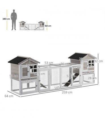 2-In-1 Wooden Rabbit Hutch w/ Double House, Run Box, Slide-Out Tray, Ramp