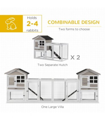 2-In-1 Wooden Rabbit Hutch w/ Double House, Run Box, Slide-Out Tray, Ramp