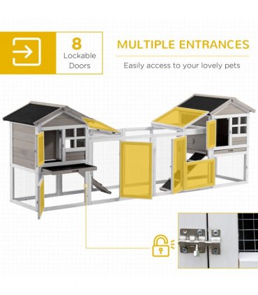 2-In-1 Wooden Rabbit Hutch w/ Double House, Run Box, Slide-Out Tray, Ramp