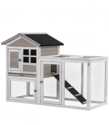 2-In-1 Wooden Rabbit Hutch w/ Double House, Run Box, Slide-Out Tray, Ramp