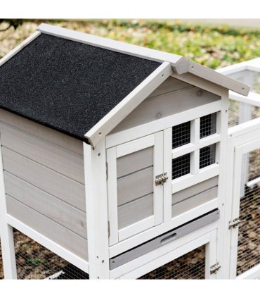 2-In-1 Wooden Rabbit Hutch w/ Double House, Run Box, Slide-Out Tray, Ramp