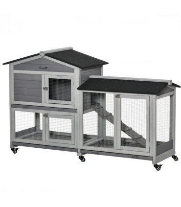 Wooden Rabbit Hutch, Guinea Pig Cage w/ Wheels, Slide-Out Tray, Ramp Light Grey