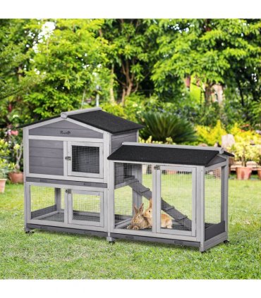 Wooden Rabbit Hutch, Guinea Pig Cage w/ Wheels, Slide-Out Tray, Ramp Light Grey