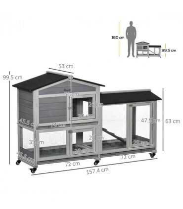 Wooden Rabbit Hutch, Guinea Pig Cage w/ Wheels, Slide-Out Tray, Ramp Light Grey