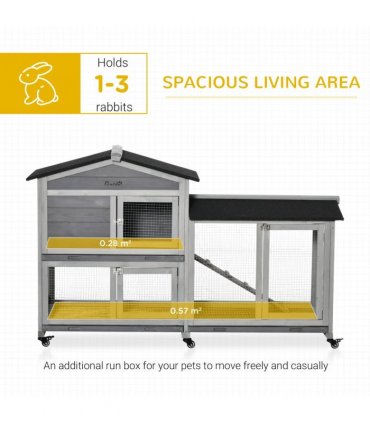 Wooden Rabbit Hutch, Guinea Pig Cage w/ Wheels, Slide-Out Tray, Ramp Light Grey
