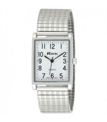 Ravel Mens Basic Classic Rectangular Silver Expander Bracelet Watch R0220.02.1