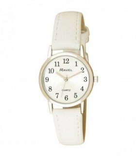 Watch White 27mm Faux Leather Ravel Women's Classic Easy Read Strap Watch R0138