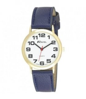 Watch Blue Leather Strap Unisex Classic Design White Dial 26.00 cm Ravel Men