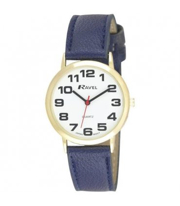 Watch Blue Leather Strap Unisex Classic Design White Dial 26.00 cm Ravel Men