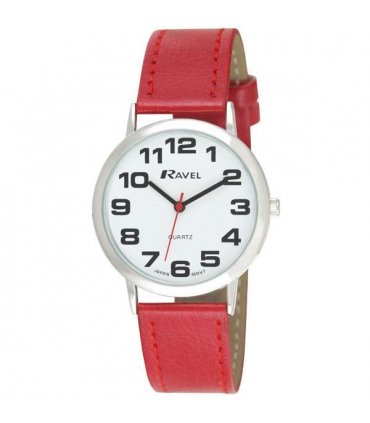 Watch Red Faux Leather Strap 36mm Easy Read White Dial Black Hands Quartz