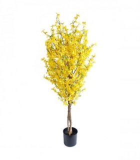 Artificial Forsythia Tree - 120cm Yellow Silk Flowers Natural Wood Trunk 50x50cm