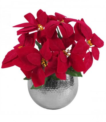 Artificial Christmas Xmas Red Poinsettia 40cm Silver Hammered Metal Planter