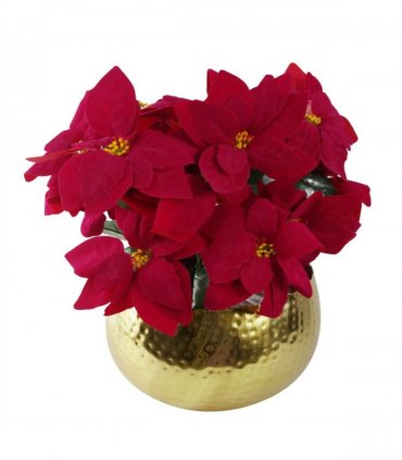 Artificial Christmas Xmas Poinsettias Gold Curve Large Metal Planter