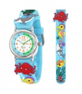 Children Girls 3D Cartoon Time Teacher Watch Blue Sea Life PVC Strap 27mm