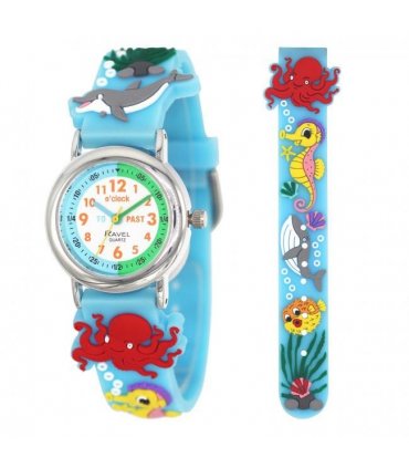 Children Girls 3D Cartoon Time Teacher Watch Blue Sea Life PVC Strap 27mm
