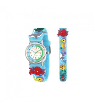 Children Girls 3D Cartoon Time Teacher Watch Blue Sea Life PVC Strap 27mm