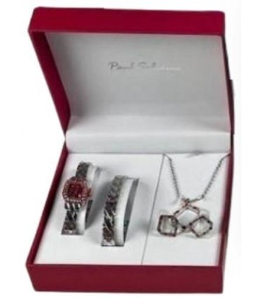 Paul Salatini Ladies Bling Red Dial Silver Barcelet Watch Gift Sets 8085R