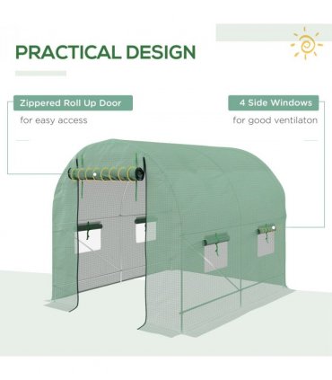 2.5 x 2m Walk-In Polytunnel Greenhouse with Steel Frame Roll Up Door Green