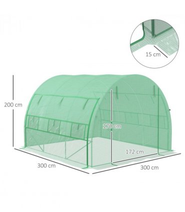 Green Walk-in Tunnel Greenhouse 300L x 304W x 200Hcm Galvanised Steel, PE