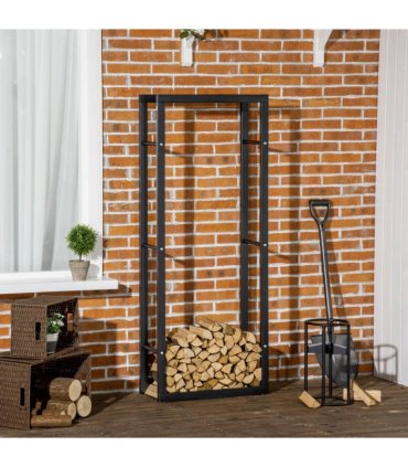 Metal Firewood Log Holder Rack Black 150H x 60W x 25Dcm 100kg Solid Base Stable