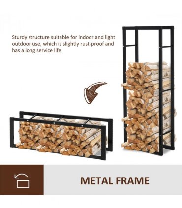 Metal Firewood Log Holder Rack Black 150H x 60W x 25Dcm 100kg Solid Base Stable