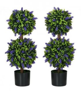 HOMCOM Set of 2 Potted Artificial Plants Ball Tree with Lavender Flowers, 70cm