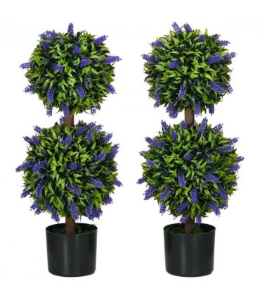 HOMCOM Set of 2 Potted Artificial Plants Ball Tree with Lavender Flowers, 70cm