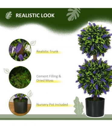 HOMCOM Set of 2 Potted Artificial Plants Ball Tree with Lavender Flowers, 70cm