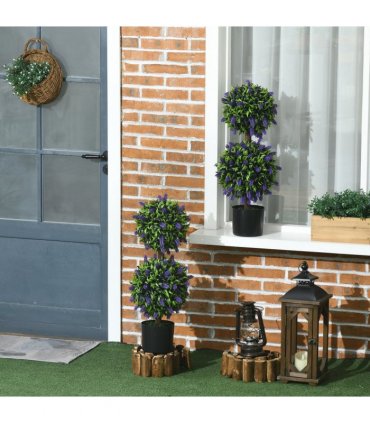 HOMCOM Set of 2 Potted Artificial Plants Ball Tree with Lavender Flowers, 70cm