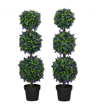 HOMCOM Set of 2 Potted Artificial Plants Ball Tree with Lavender Flowers, 110cm