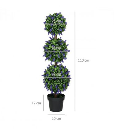 HOMCOM Set of 2 Potted Artificial Plants Ball Tree with Lavender Flowers, 110cm