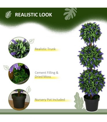 HOMCOM Set of 2 Potted Artificial Plants Ball Tree with Lavender Flowers, 110cm
