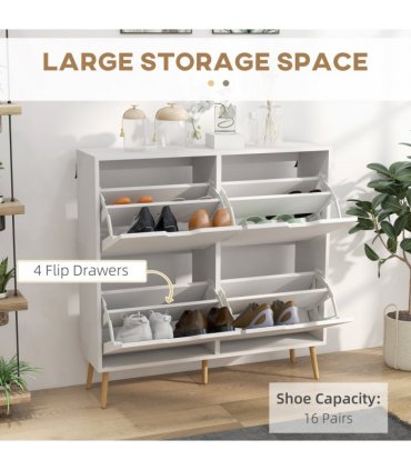 HOMCOM Shoe Storage Cabinet with 4 Flip Drawers for 16 Pairs of Shoes, White